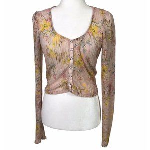 Free People Size S Angelina Sheer Floral Blouse Snap Front Cropped Pink Flower